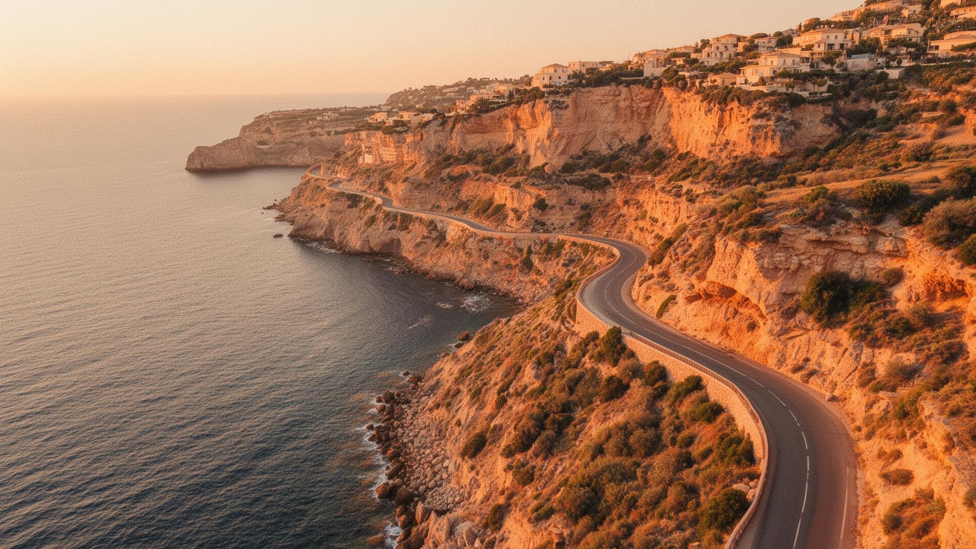Aerial view of a winding coastal road at golden hour